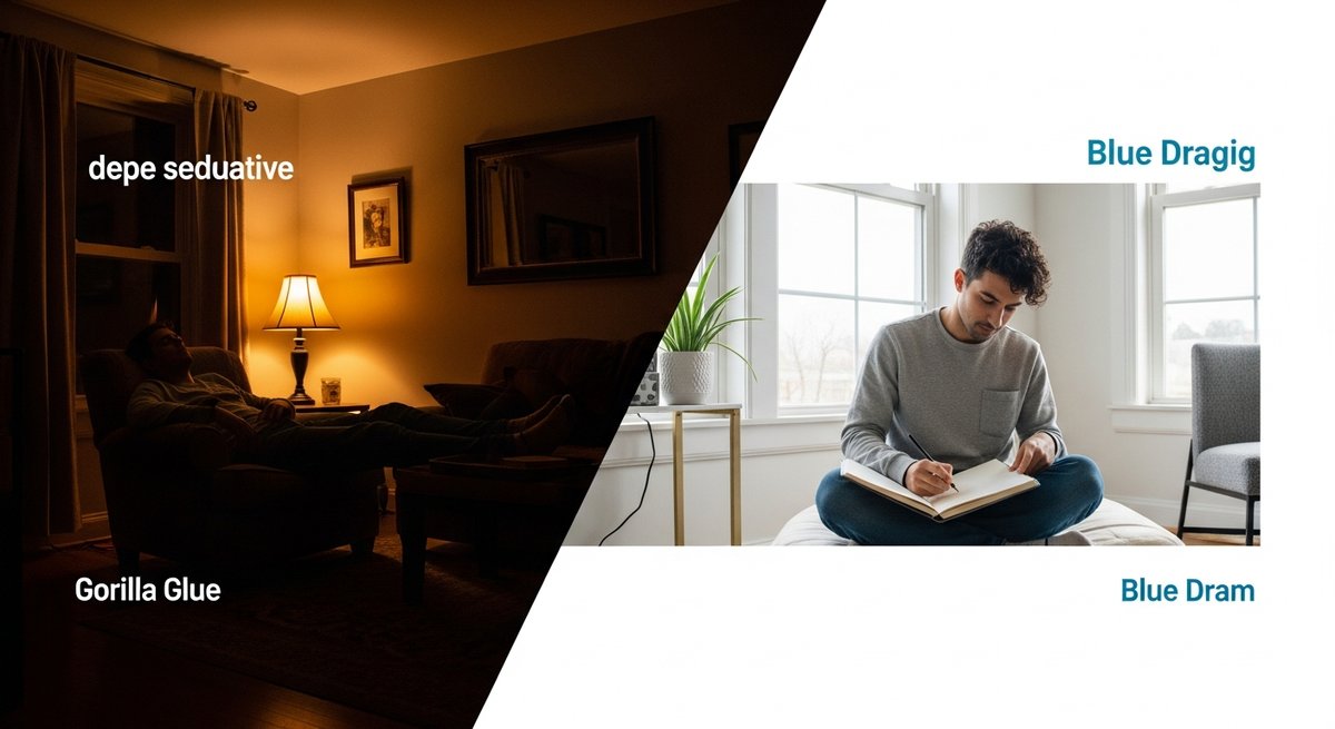 Gorilla Glue strain vs Blue Dream strain — Which Is Right for You? 6 Split scene contrasting Gorilla Glue sedative evening relaxation and Blue Dream uplifting daytime creative energy