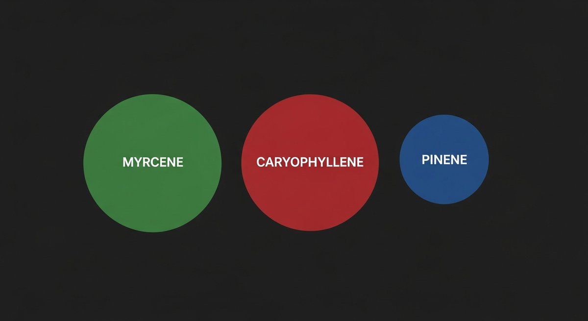 Granddaddy Purple Strain 2 Terpene profile graphic for Granddaddy Purple showing Myrcene in green, Caryophyllene in red, and Pinene in blue.