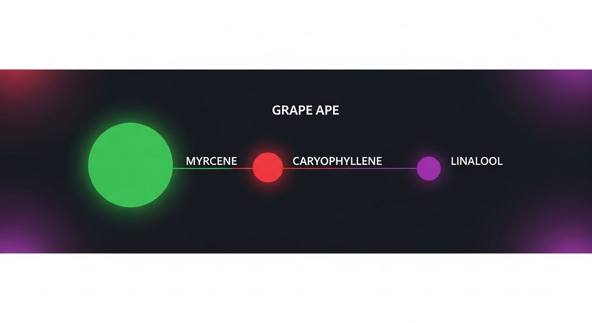 Grape Ape Strain 2 Terpene profile graphic for Grape Ape showing Myrcene in green, Caryophyllene in red, and Linalool in purple