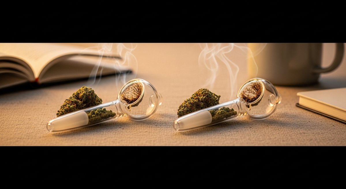 Grease Monkey strain vs Gorilla Glue strain — Which Is Right for You? 5 Two glass pipes with ground cannabis on linen beside a journal and mug, evoking a calm evening effects comparison atmosphere