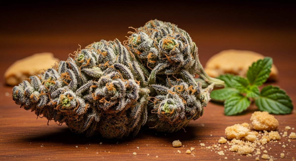 Grease Monkey strain vs Gorilla Glue strain — Which Is Right for You? 4 Close-up of a frosty Grease Monkey cannabis bud with deep green and purple tones blanketed in white trichomes on dark wood
