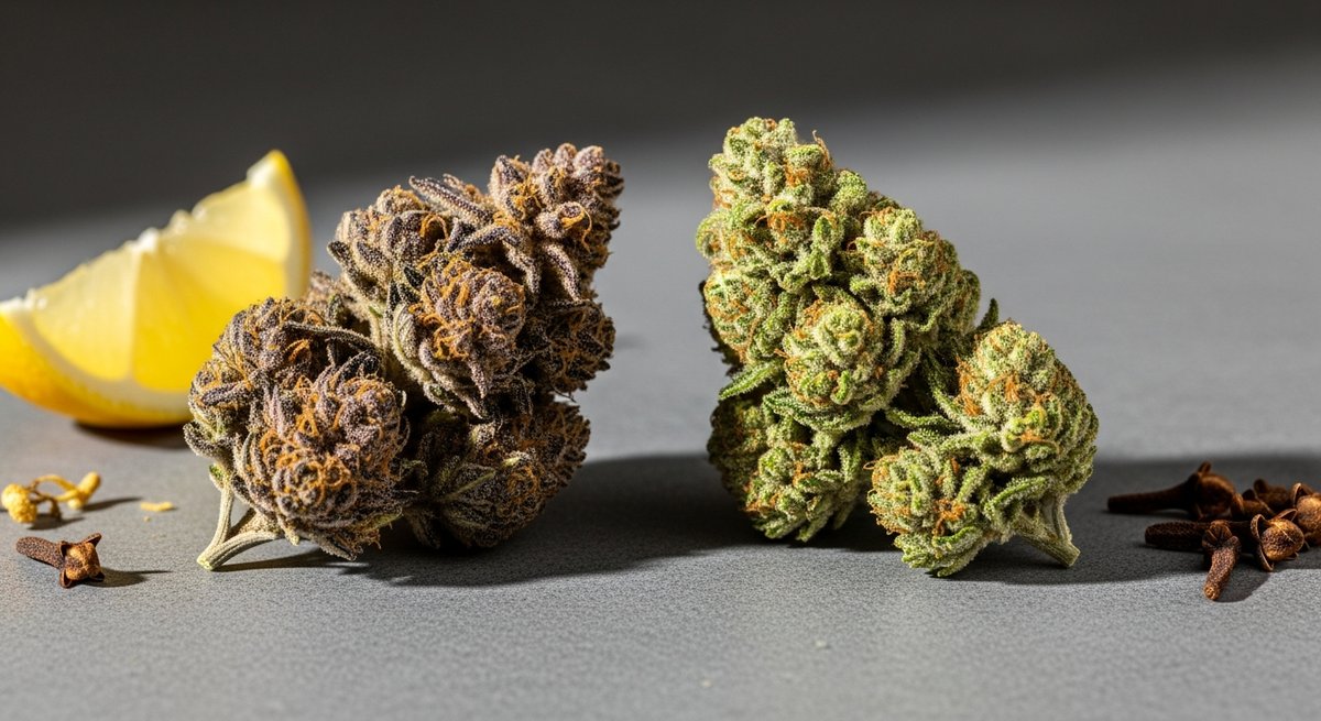 Girl Scout Cookies strain vs Gelato strain — Which Is Right for You? 6 Two contrasting cannabis buds with lemon and clove botanicals on dark concrete illustrating terpene-driven effects comparison