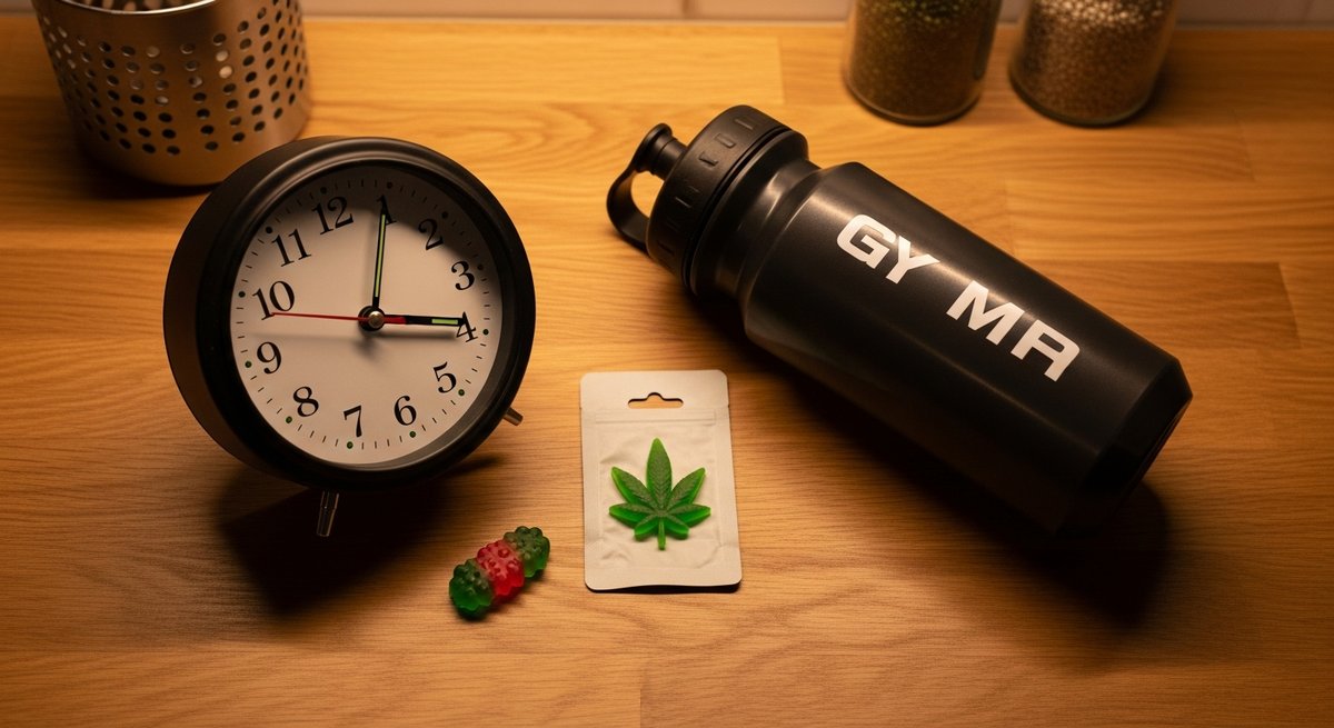 Best Pre-Workout Gummies: Cannabis for the Gym 8 Cannabis gummy next to a clock and gym water bottle on a wooden counter illustrating timing before exercise