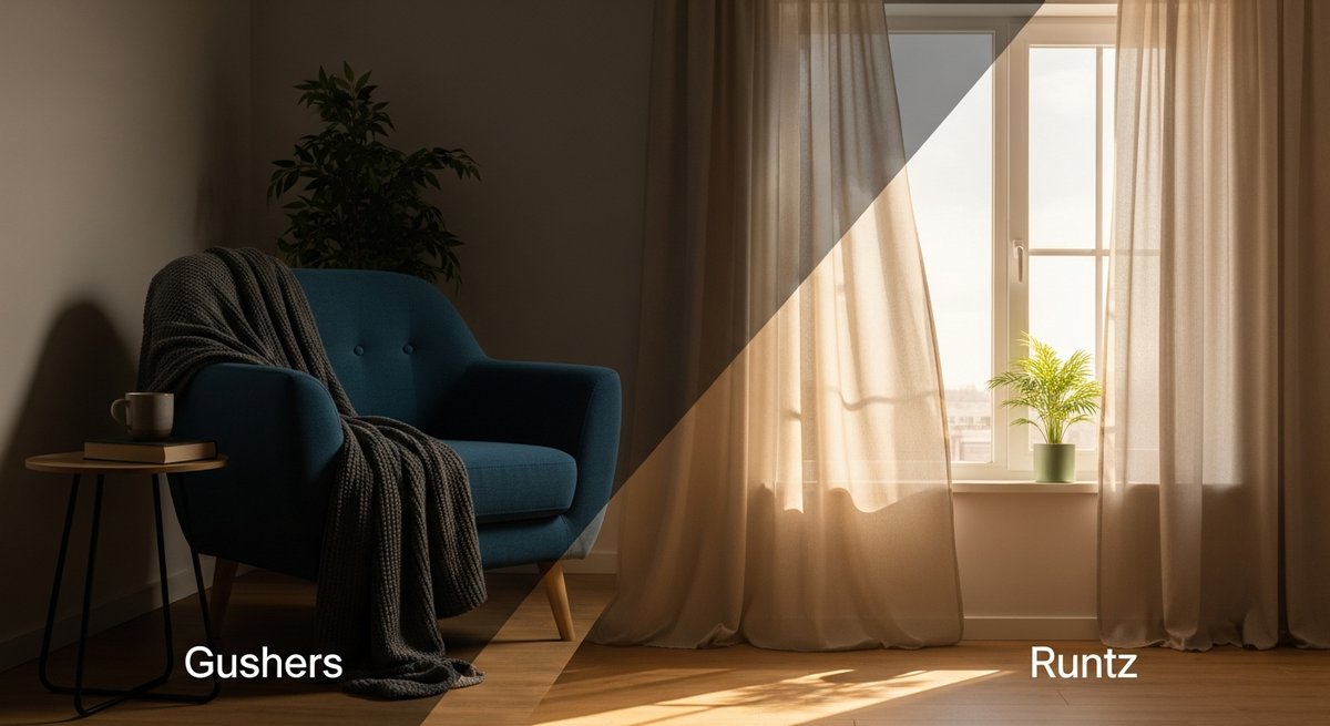 Gushers strain vs Runtz strain — Which Is Right for You? 5 Split editorial scene contrasting cozy sedative relaxation on the left with bright uplifted calm on the right, illustrating s