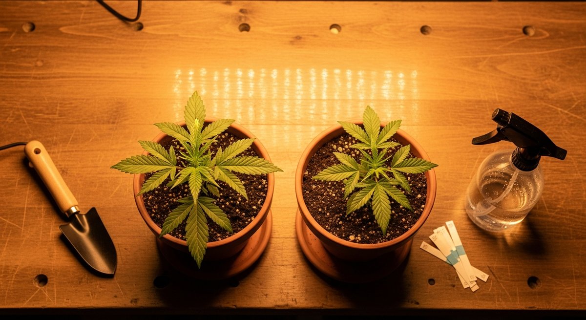 Gushers strain vs Runtz strain — Which Is Right for You? 6 Overhead view of two cannabis seedlings on a wooden grow bench with gardening tools, representing home cultivation of Gushers