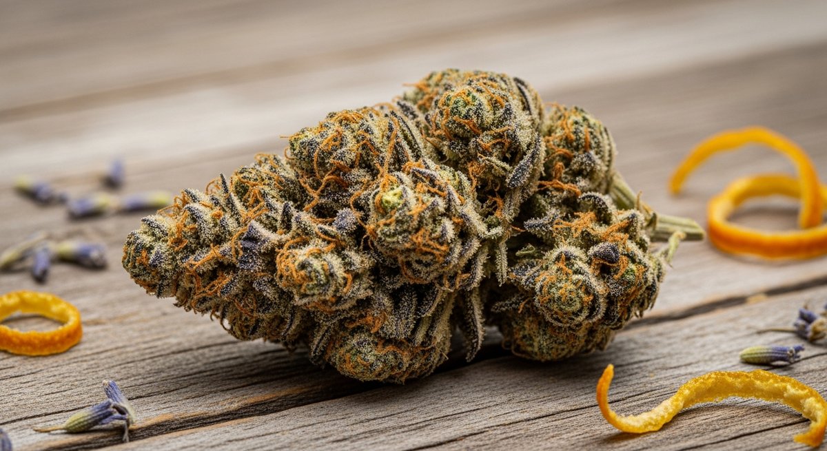Gushers strain vs Runtz strain — Which Is Right for You? 4 Macro shot of a dense Gushers indica-dominant cannabis bud with purple hues and amber trichomes on weathered wood