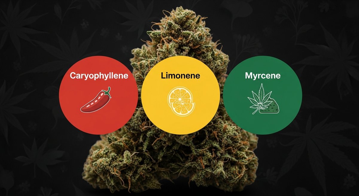 Gushers Strain 2 Terpene profile graphic for Gushers strain showing Caryophyllene in red, Limonene in yellow, and Myrcene in green