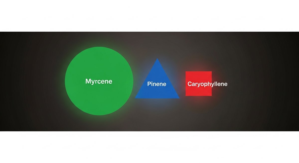Strains Strain 2 Harle-Tsu terpene profile showing Myrcene in green, Pinene in blue, and Caryophyllene in red