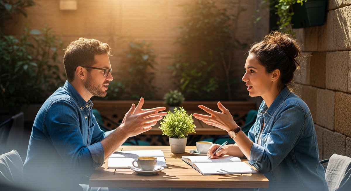Arjan’s Haze strain vs Amnesia Haze strain — Which Is Right for You? 5 Two adults in focused energized conversation at a sunlit outdoor café terrace, notebooks and coffee on the table