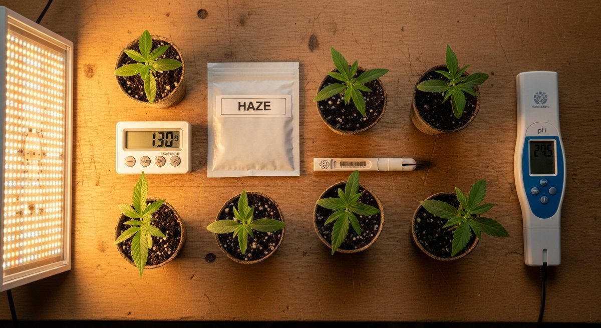Arjan’s Haze strain vs Amnesia Haze strain — Which Is Right for You? 6 Top-down flat-lay of haze cannabis seedlings, seed packets, pH meter, and grow light on a home grower's workbench