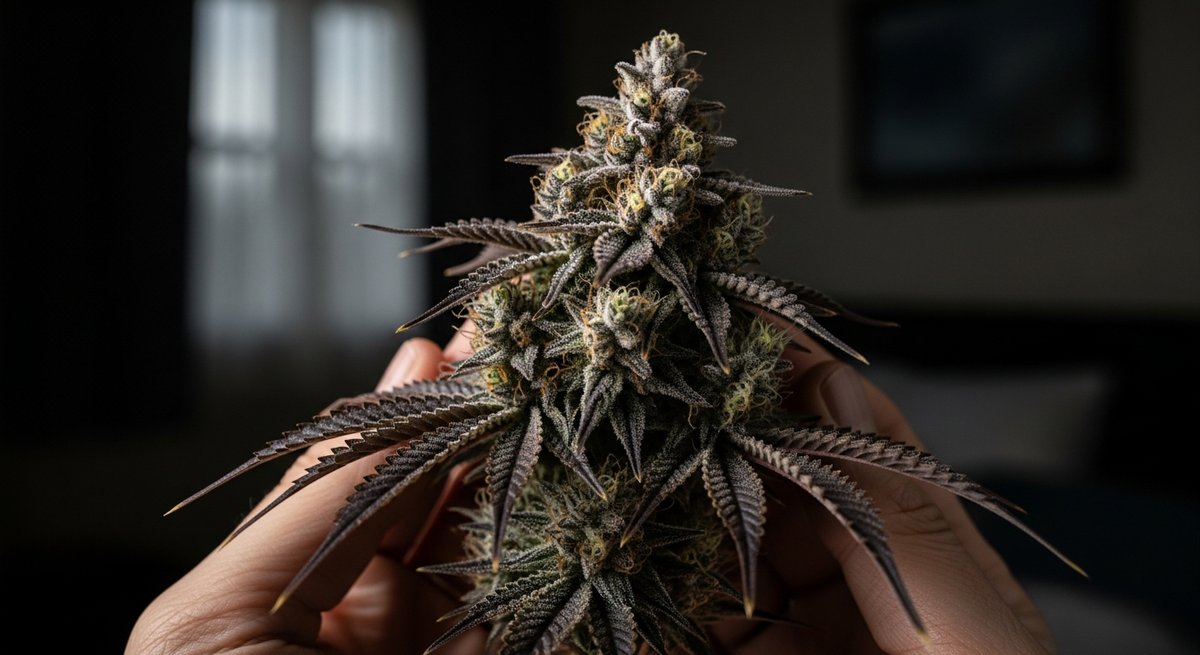 Wedding Cake strain vs Ice Cream Cake strain — Which Is Right for You? 6 Hands holding a dense Ice Cream Cake cannabis bud in a dark moonlit bedroom, conveying sedation and sleep support
