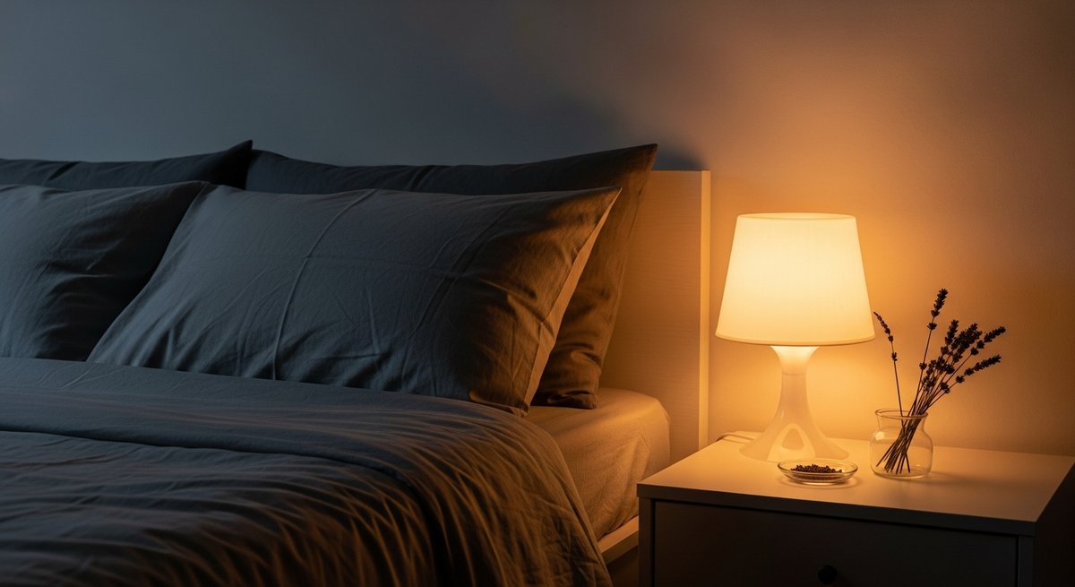Gelato strain vs Ice Cream Cake strain — Which Is Right for You? 6 Cozy dimly lit bedroom with warm lamp, soft pillows, and lavender sprigs evoking a restful sleep environment