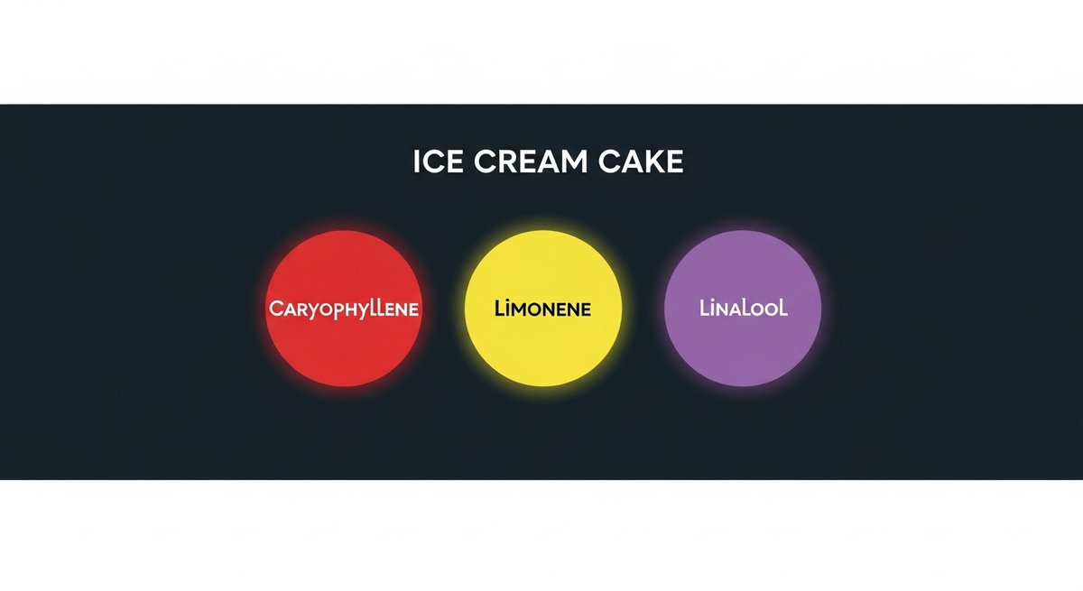 Ice Cream Cake Strain 2 Terpene profile graphic for Ice Cream Cake showing Caryophyllene in red, Limonene in yellow, and Linalool in purple