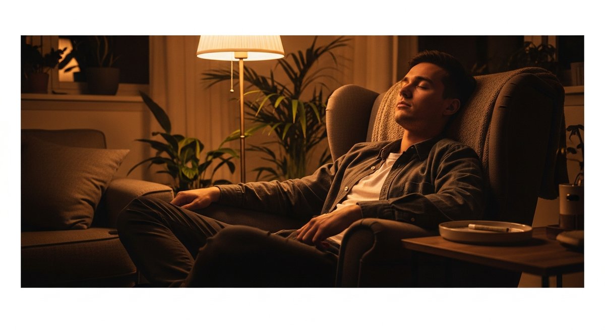 Tahoe OG strain vs Skywalker OG strain — Which Is Right for You? 5 Young adult deeply relaxed in armchair under warm lamp light illustrating heavy indica effects