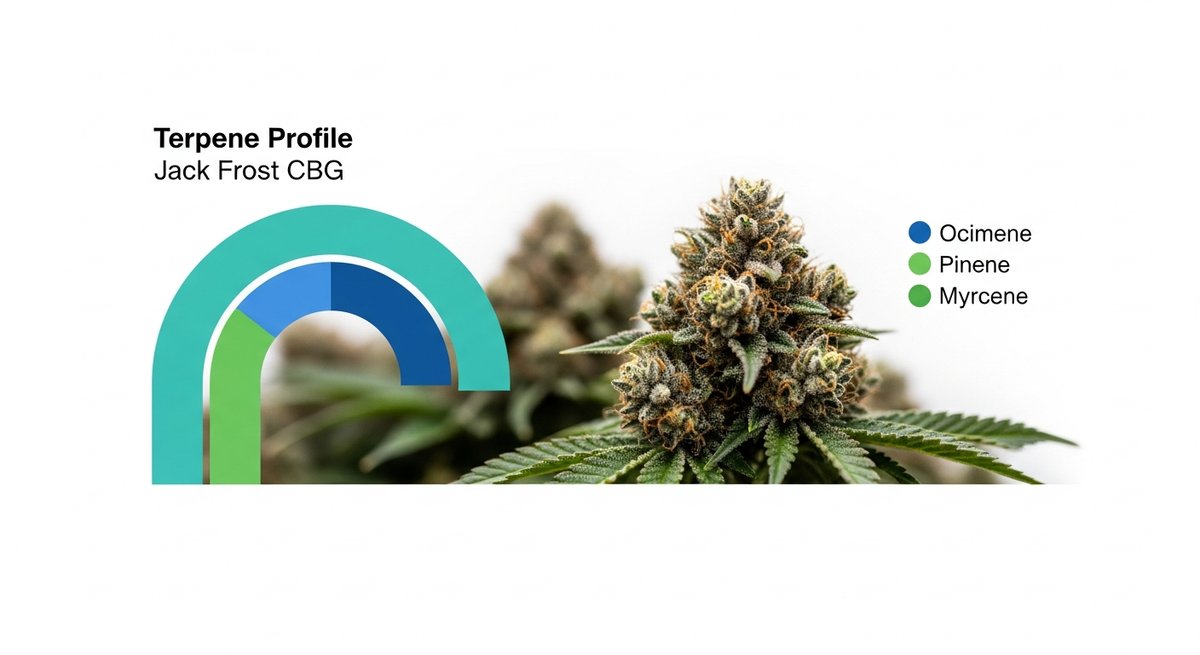 Jack Frost CBG Strain 2 Terpene profile chart for Jack Frost CBG showing Ocimene in teal, Pinene in blue, and Myrcene in green