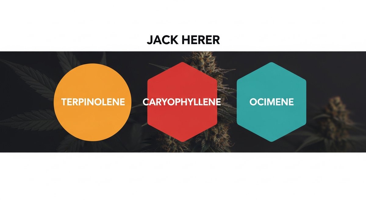 Jack Herer Strain 2 Terpene profile graphic for Jack Herer showing Terpinolene in orange, Caryophyllene in red, and Ocimene in teal