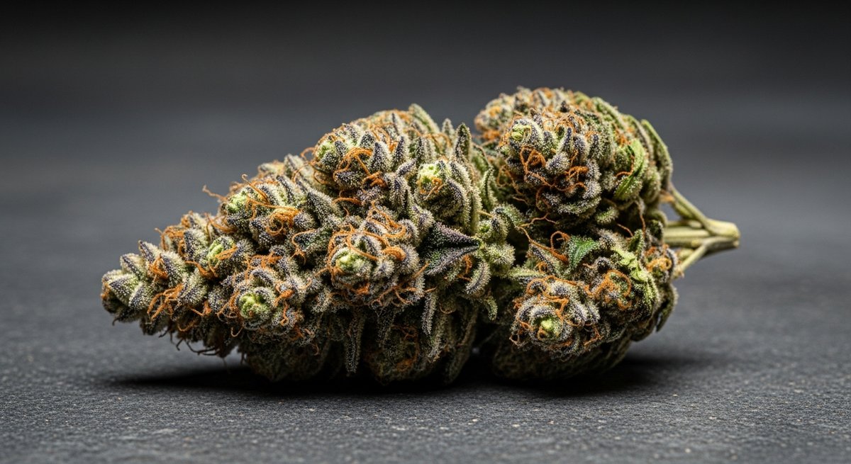Jealousy strain vs Runtz White strain — Which Is Right for You? 4 Dense Jealousy strain cannabis bud with deep green and purple hues and heavy trichome coverage on dark concrete