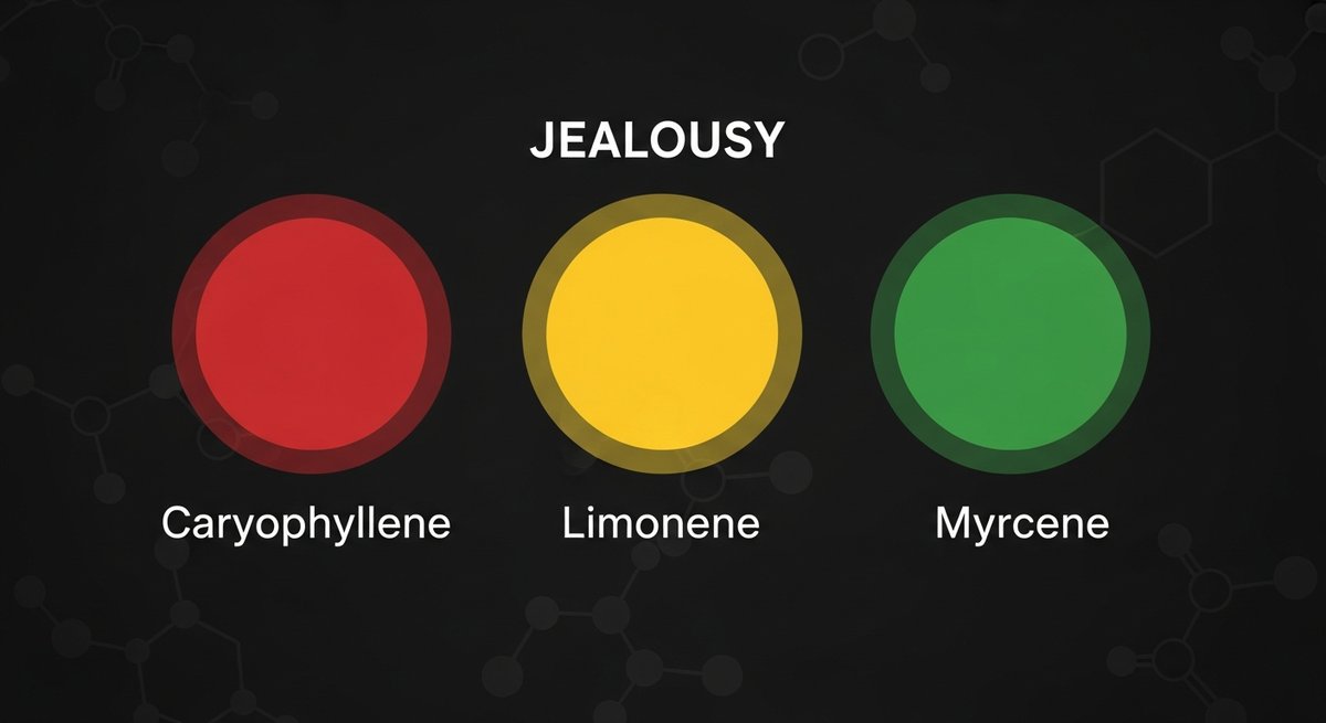Jealousy Strain 2 Terpene profile graphic for Jealousy strain showing Caryophyllene in red, Limonene in yellow, and Myrcene in green