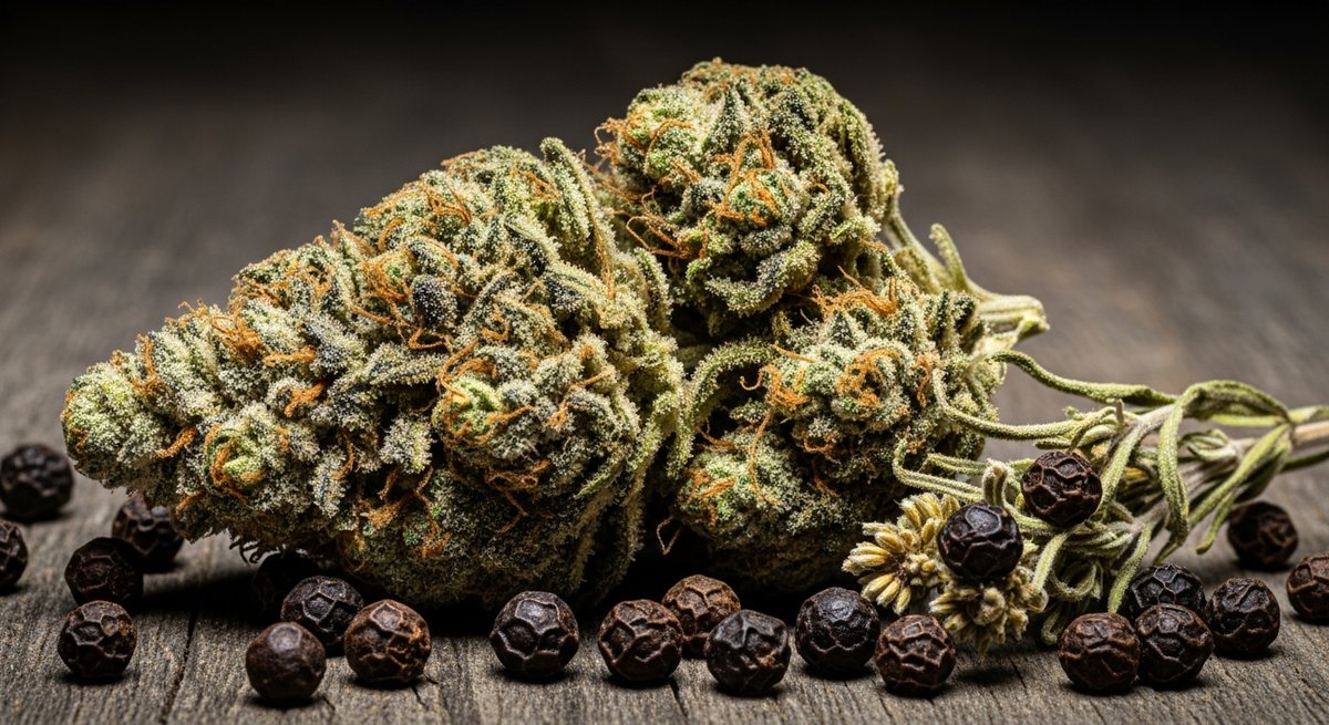 Jet Fuel strain vs Sour Diesel strain — Which Is Right for You? 4 Jet Fuel G6 cannabis bud with peppercorns and dried herbs illustrating its terpene profile