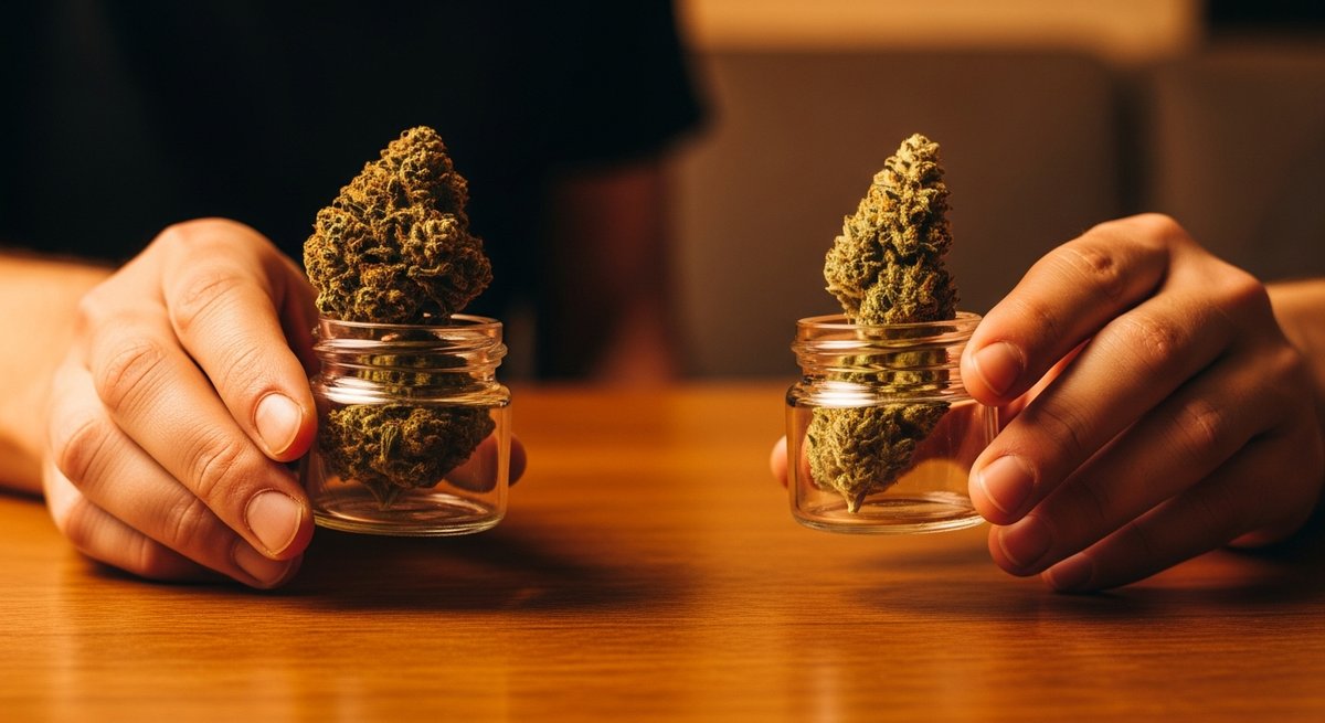 Jet Fuel strain vs Sour Diesel strain — Which Is Right for You? 5 Two glass jars of contrasting cannabis buds held by adult hands comparing Jet Fuel and Sour Diesel effects