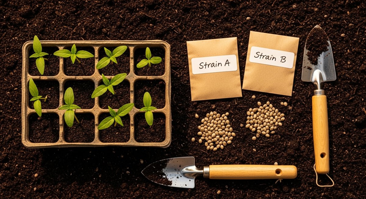 Jet Fuel strain vs Sour Diesel strain — Which Is Right for You? 6 Overhead flat-lay of cannabis seeds, seedling tray and gardening tools for growing Jet Fuel and Sour Diesel