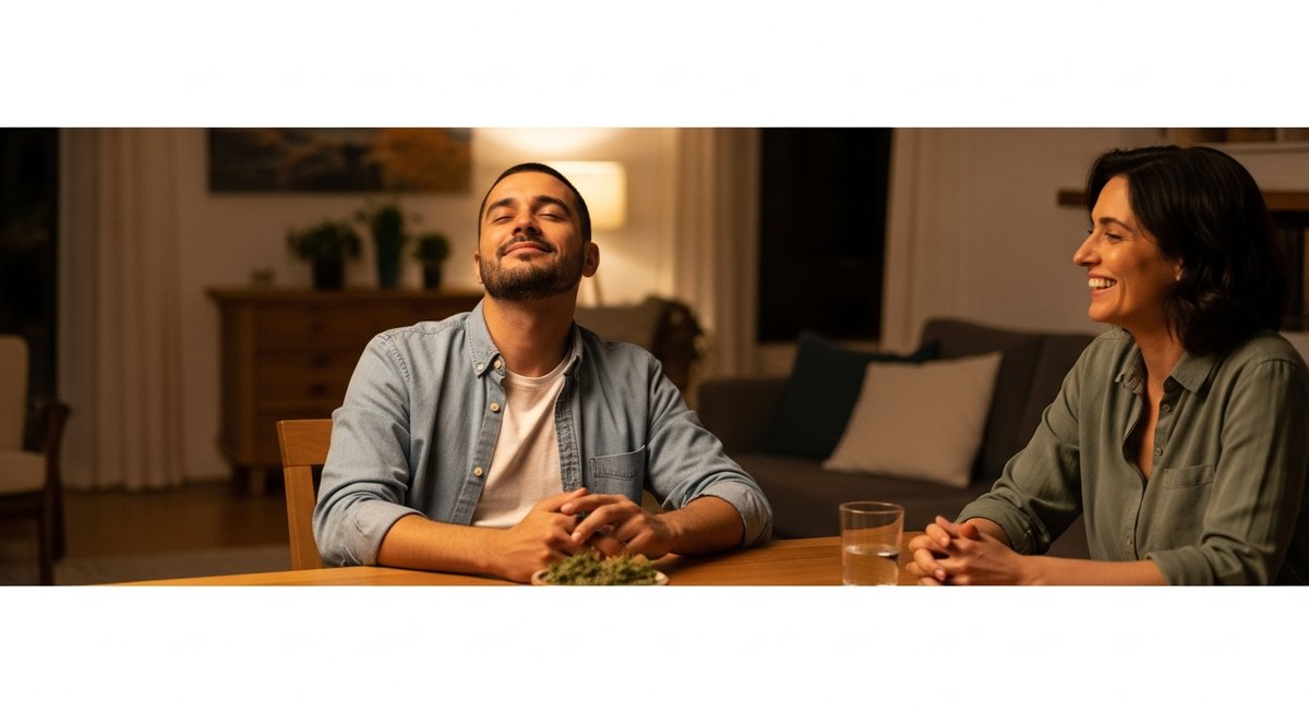 Jokerz strain vs Bonkers strain — Which Is Right for You? 5 Two adults relaxing in a warm living room, expressions conveying calm mood elevation and relaxation