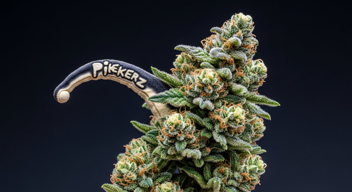 Jokerz strain vs Bonkers strain — Which Is Right for You? 4 Close-up of a frosty purple-green indica-dominant Jokerz strain cannabis bud on concrete