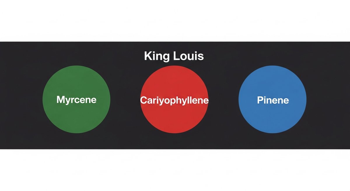 King Louis Strain 2 Terpene profile graphic for King Louis strain showing Myrcene in green, Caryophyllene in red, and Pinene in blue