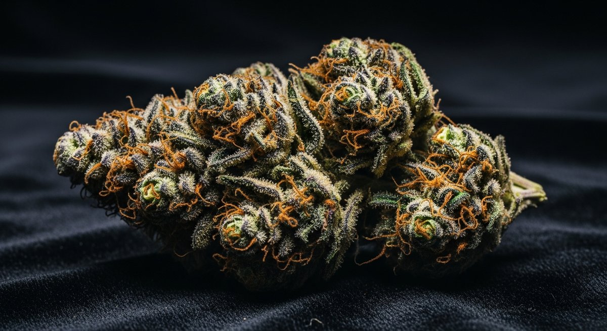 King Louis XIII strain vs OG Kush strain — Which Is Right for You? 4 Macro close-up of a dense King Louis XIII cannabis bud with purple hues and heavy trichome coating on dark velvet