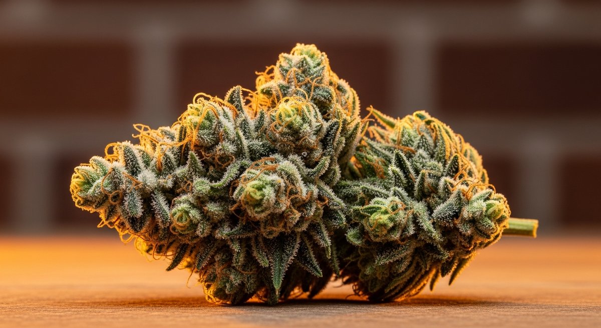 Kosher Kush strain vs Bubba Kush strain — Which Is Right for You? 4 Close-up of a heavily frosted Kosher Kush cannabis bud with orange pistils in warm amber lighting