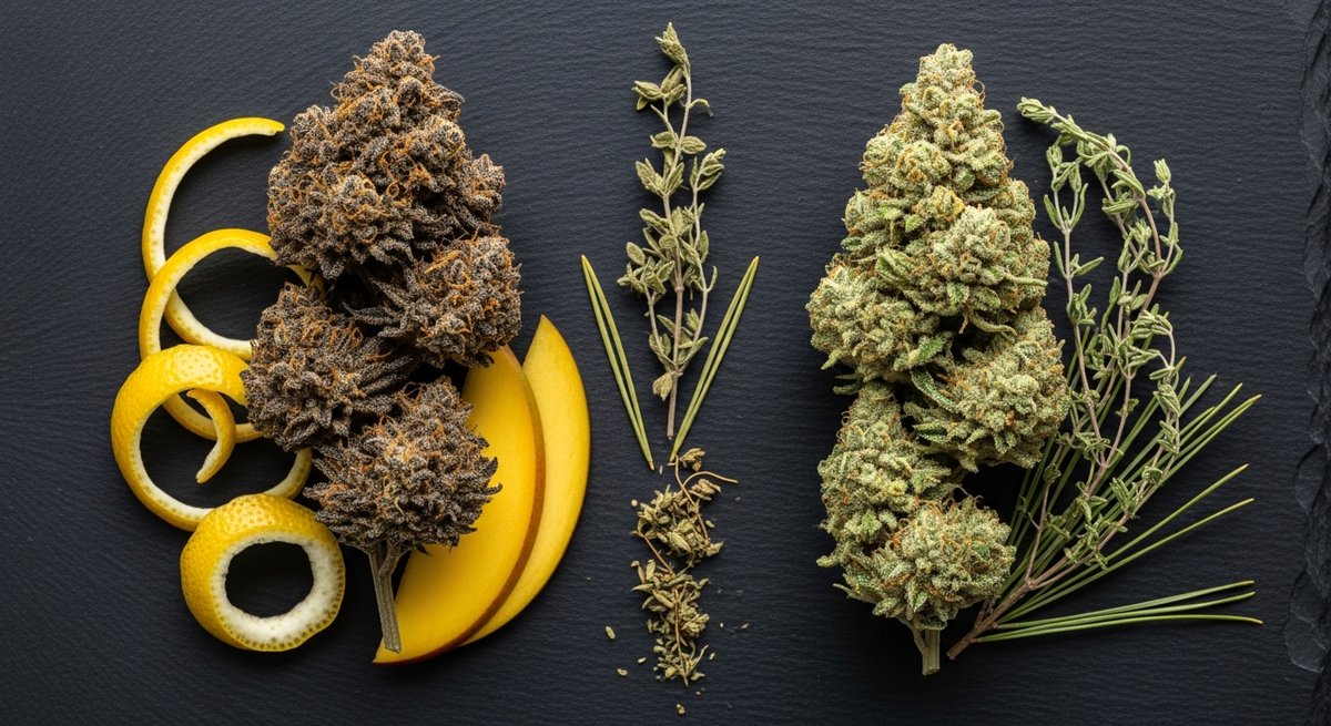 Larry OG strain vs SFV OG strain — Which Is Right for You? 5 Overhead flat-lay of Larry OG and SFV OG buds with contrasting botanicals showing terpene and structure differences