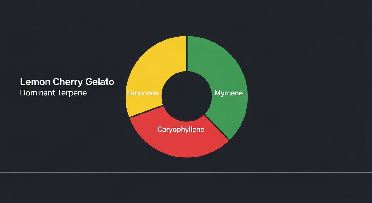 Lemon Cherry Gelato Strain 2 Terpene profile graphic for Lemon Cherry Gelato showing Limonene in yellow, Caryophyllene in red, and Myrcene in green