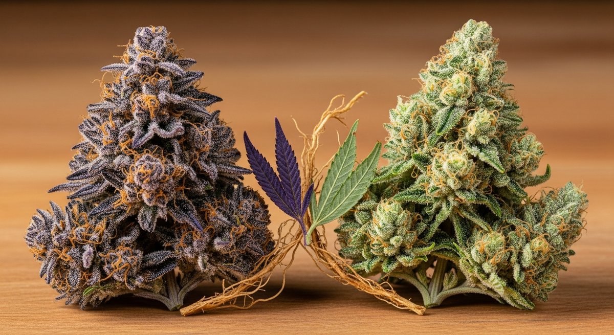 Lemon Cherry Gelato strain vs Gelato strain — Which Is Right for You? 4 Two contrasting cannabis buds on wood showing Lemon Cherry Gelato purple hues versus Gelato's creamy green, hinting at shared