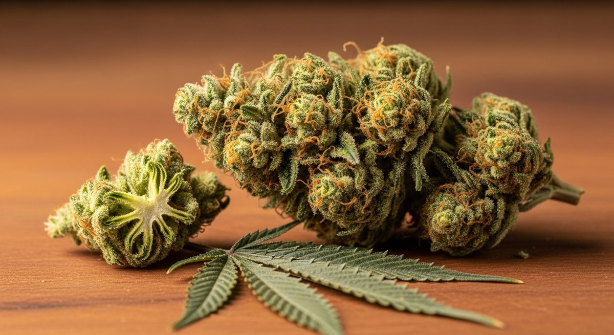 Lemon Haze strain vs Super Lemon Haze strain — Which Is Right for You? 4 Macro photo of a Lemon Haze cannabis bud on wood with lemon skunk and silver haze leaf accents