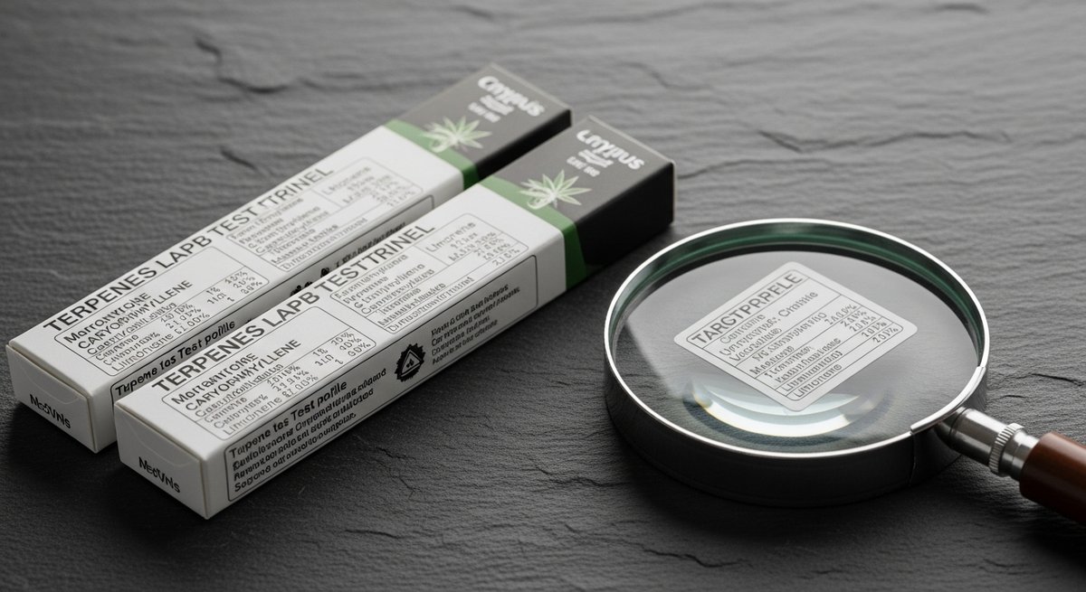 Limonene-Heavy Carts: Why This Terpene Powers Your Day 9 Cannabis cartridge packaging with terpene panel label and magnifying glass for reading limonene-forward cart details