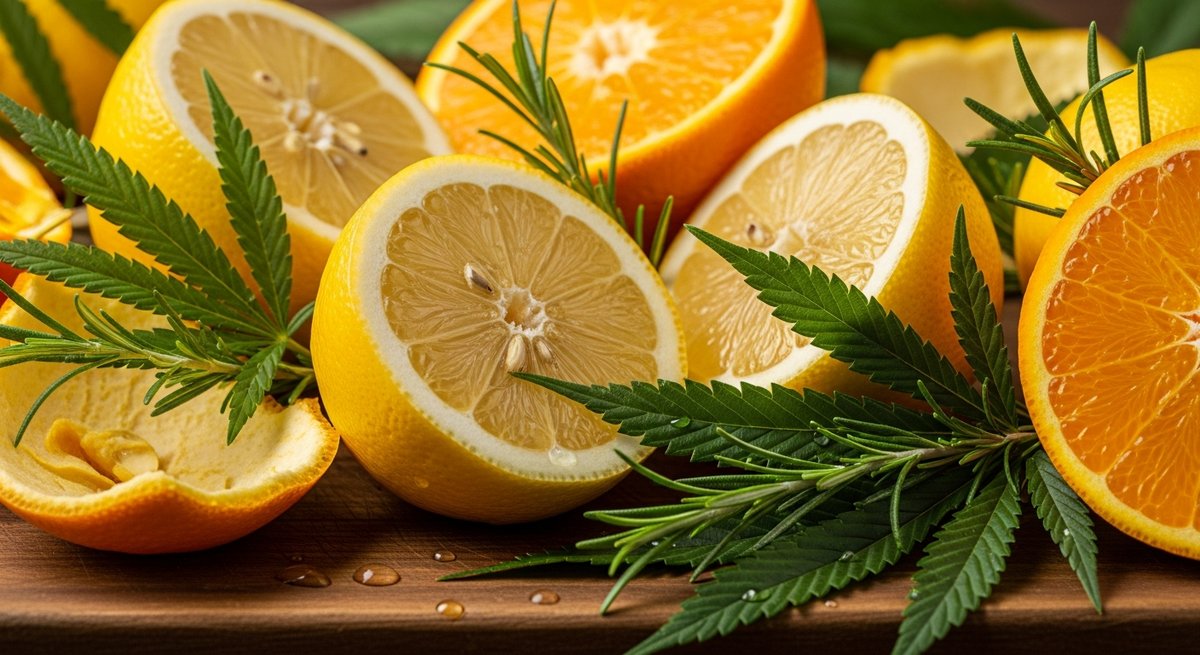 Limonene-Heavy Carts: Why This Terpene Powers Your Day 7 Sliced lemons, orange peels, and botanical plants showing natural sources of the limonene terpene compound