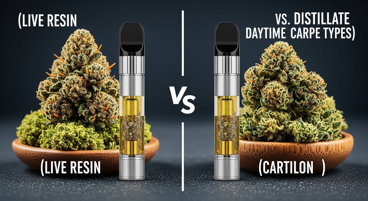 Best Carts for Energy: Top Daytime Strains in Cartridge Form 11 Two cannabis cartridges side by side showing live resin and distillate oil differences with fresh frozen cannabis buds