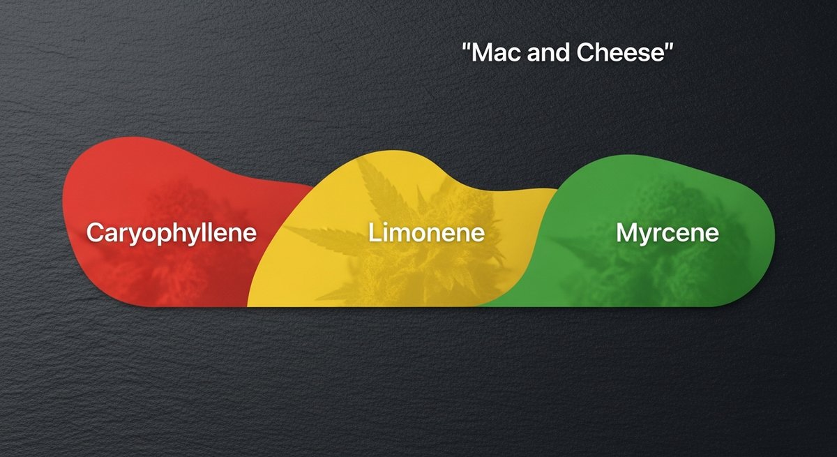 Mac and Cheese Strain 2 Terpene profile graphic for Mac and Cheese strain: Caryophyllene in red, Limonene in yellow, Myrcene in green