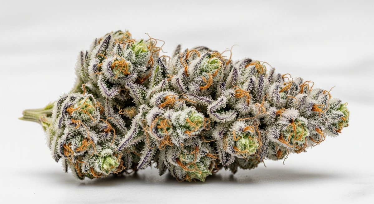 MAC strain vs Miracle Alien Cookies strain — Which Is Right for You? 4 Close-up of a MAC cannabis bud with heavy white trichome frost and pale green coloring on a marble surface