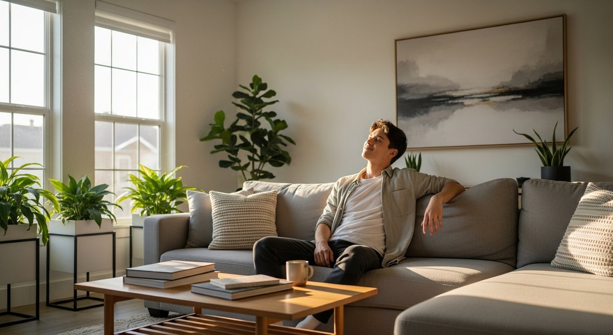MAC strain vs Miracle Alien Cookies strain — Which Is Right for You? 6 Young adult relaxing in a sunlit living room with a calm, euphoric expression illustrating mood-lifting cannabis effects
