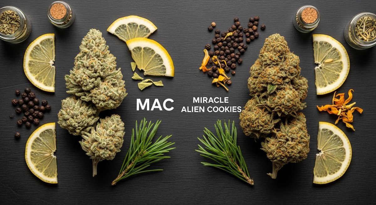 MAC strain vs Miracle Alien Cookies strain — Which Is Right for You? 5 Side-by-side flat lay of MAC and Miracle Alien Cookies buds with botanicals representing their terpene differences