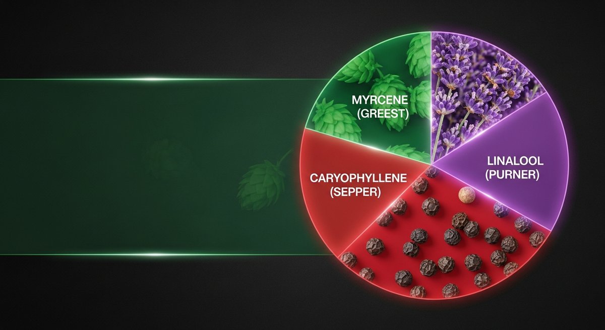 Marshmallow OG Strain 2 Terpene profile graphic for Marshmallow OG showing Myrcene green, Caryophyllene red, and Linalool purple