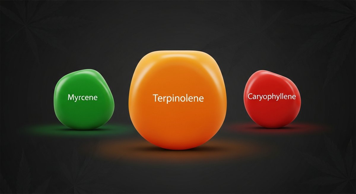 Maui Wowie Strain 2 Terpene profile graphic for Maui Wowie showing Terpinolene in orange, Myrcene in green, and Caryophyllene in red