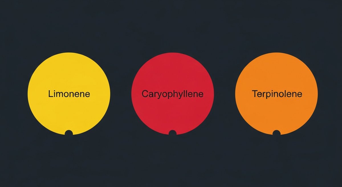 Medellin Strain 2 Terpene profile graphic for Medellin strain showing yellow Limonene, red Caryophyllene, and orange Terpinolene swatches