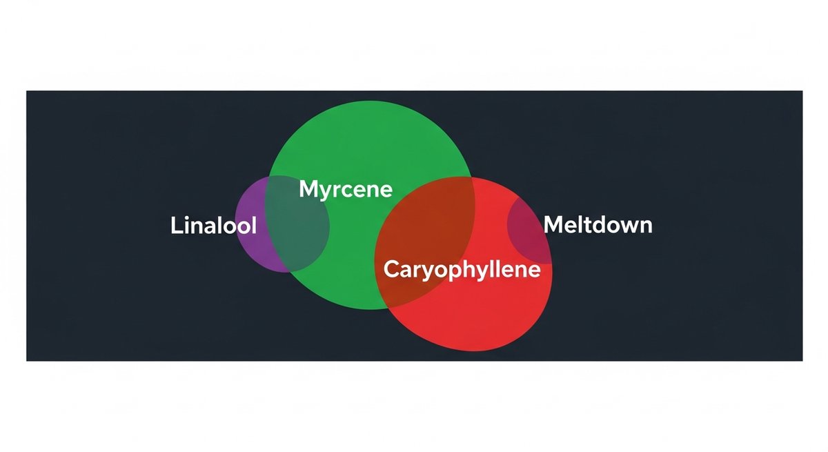 Meltdown Strain 2 Terpene profile graphic for Meltdown strain showing Myrcene in green, Caryophyllene in red, and Linalool in purple.