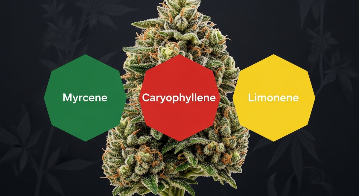 Member OG Strain 2 Member OG terpene profile graphic showing Myrcene in green, Caryophyllene in red, and Limonene in yellow
