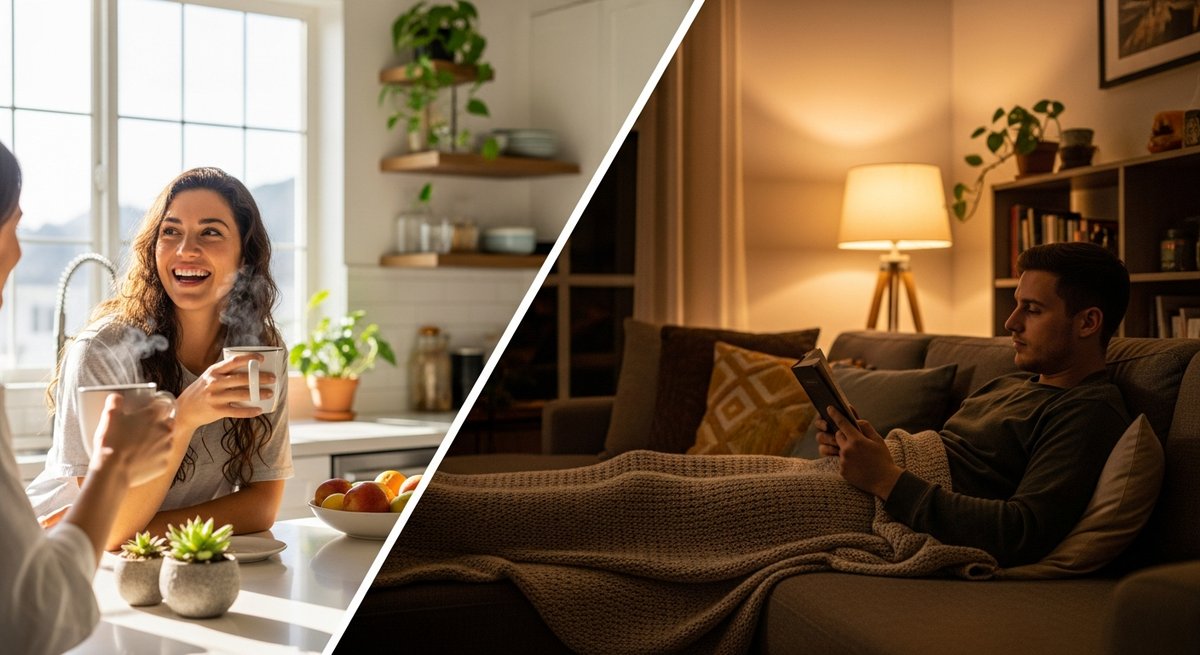 Mimosa strain vs Papaya Cake strain — Which Is Right for You? 6 Split lifestyle scene contrasting energetic daytime social mood left and relaxed cozy evening calm right for strain effects