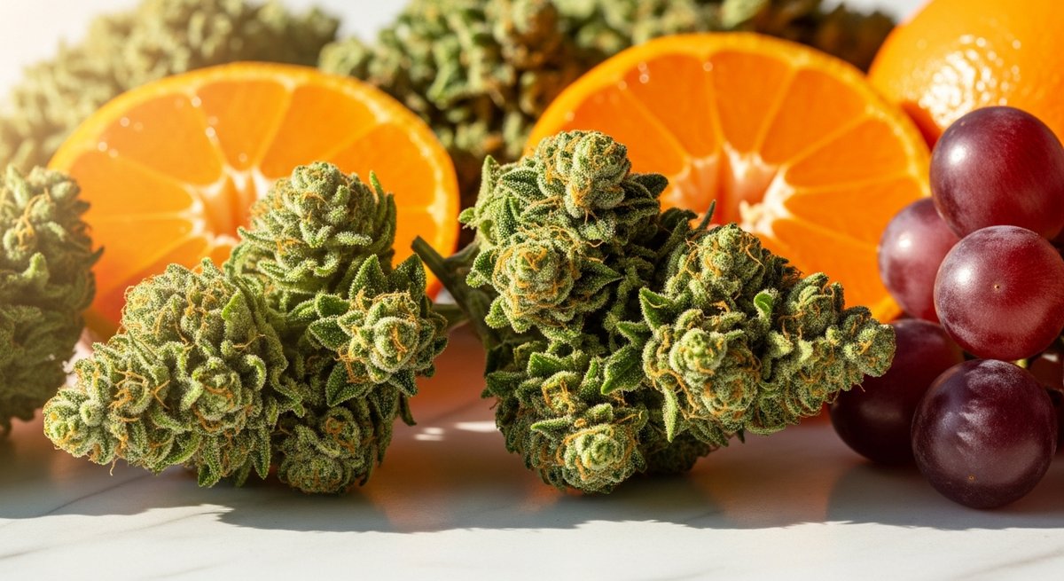 Mimosa strain vs Papaya Cake strain — Which Is Right for You? 4 Mimosa cannabis buds with clementine halves and purple grapes on sunlit marble, illustrating the strain's citrus lineage