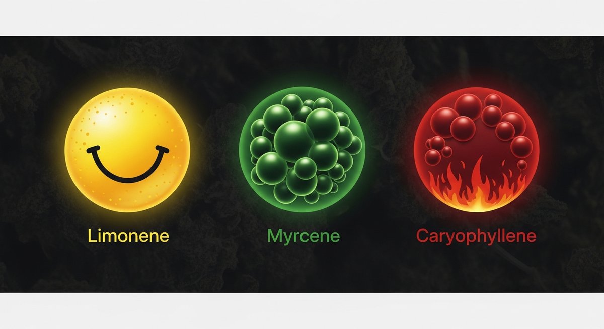 Mimosa Strain 2 Terpene profile graphic for Mimosa strain showing Limonene in yellow, Myrcene in green, and Caryophyllene in red