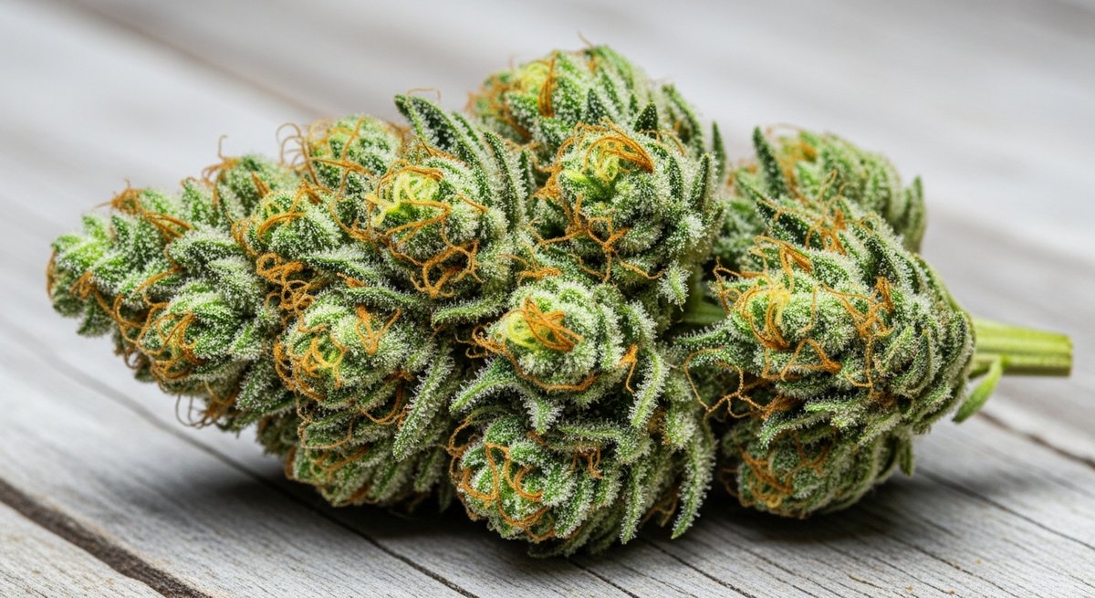 Moby Dick strain vs Super Silver Haze strain — Which Is Right for You? 4 Macro close-up of a dense, trichome-covered Moby Dick cannabis bud on weathered white oak
